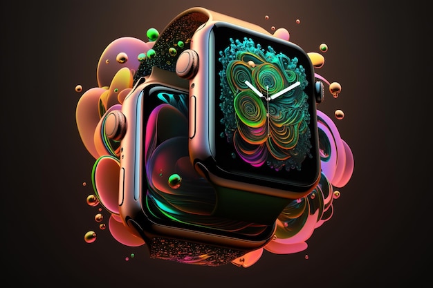 Um relógio digital com um fundo colorido e as palavras maçã na face.