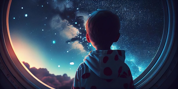 Um relógio infantil para a ideia da hora da meia-noite no céu da galáxia para a imaginação IA geradora