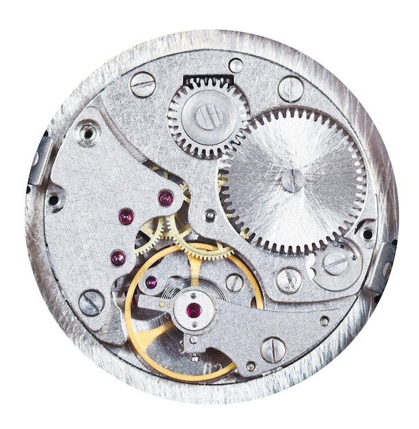 Um relógio mecânico redondo isolado em branco