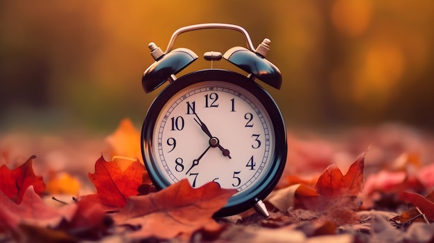 Um relógio nas folhas com cena de outono