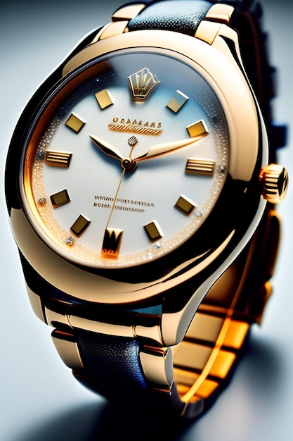 Foto um relógio rolex dourado com uma pulseira preta e um mostrador branco.