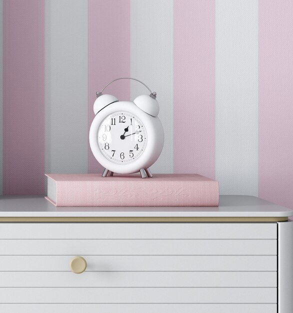 um relógio rosa e branco em uma prateleira rosa