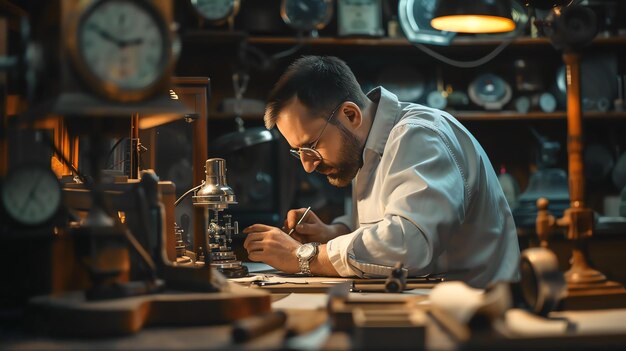 Foto um relojoeiro em sua oficina está reparando um relógio ele está usando um microscópio para examinar o movimento do relógio