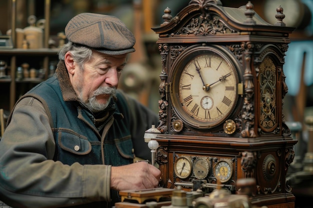 Um relojoeiro restaurando meticulosamente um relógio antigo de um avô
