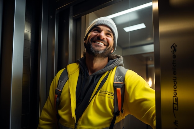 um reparador de elevador sorridente em um elevador alto em um fundo estilo bokeh