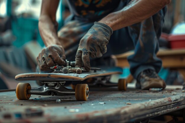 Um reparador de skate consertando um skate quebrado destacando as habilidades de reparo de skate