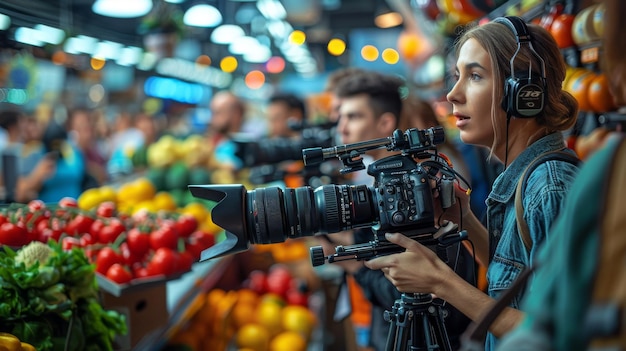 Um repórter de televisão operando com uma câmera para uma reportagem