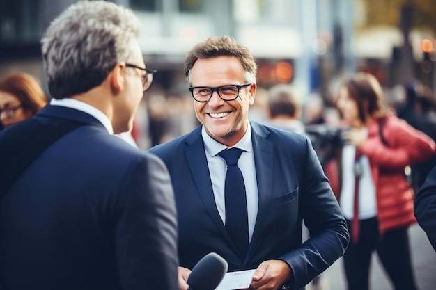 Um repórter experiente e sorridente conduzindo uma entrevista bem-sucedida com IA generativa