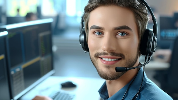 Um representante de serviço ao cliente usando fones de ouvido sorri para a câmera enquanto trabalha em sua mesa em um call center