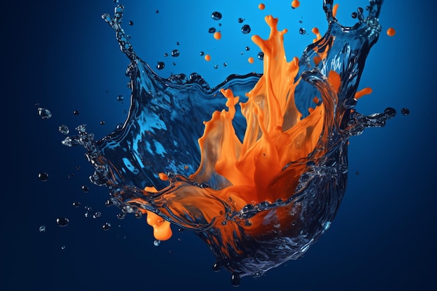 Um respingo de água azul e laranja com um fundo azul
