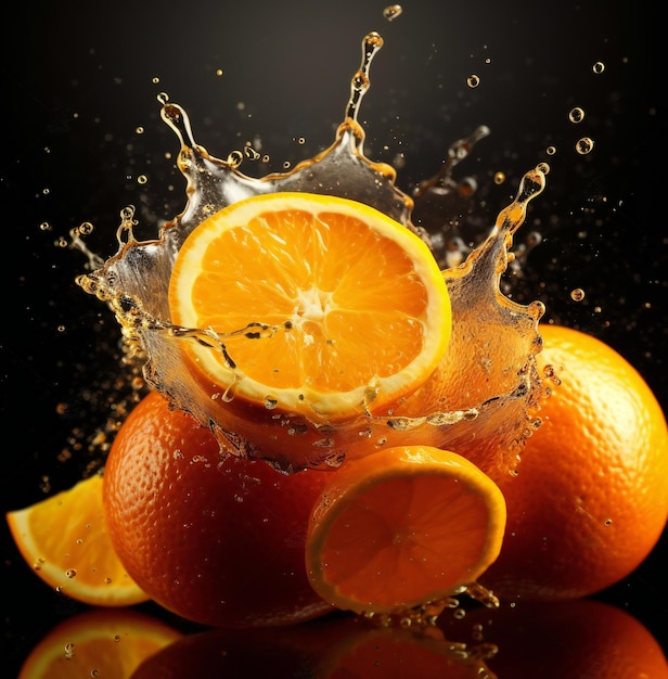 Um respingo de água está sendo derramado em uma laranja.