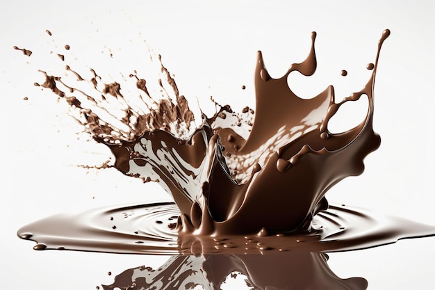 Um respingo de chocolate é mostrado em um fundo branco.