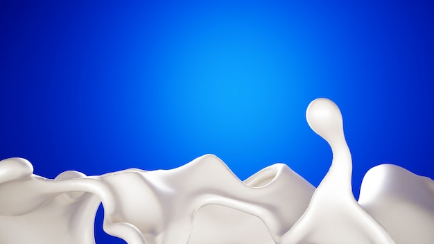 Um respingo de leite sobre fundo azul. Renderização em 3d.
