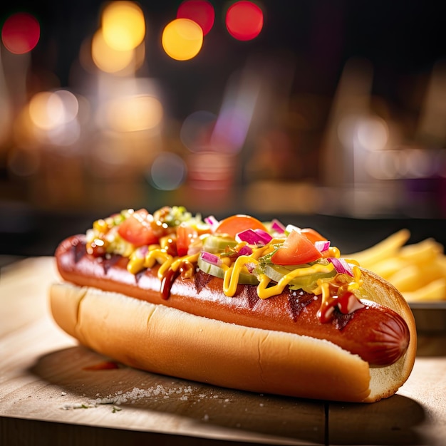 Foto um restaurante americano desfocado de cachorro-quente ao fundo