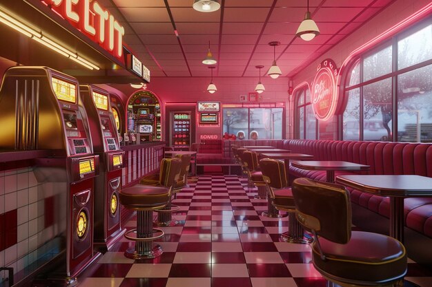 Um restaurante clássico com decoração retro e jukebox