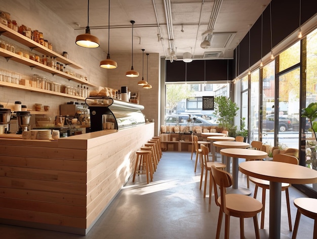 Um restaurante com mesa e cadeiras de madeira e uma grande janela com uma placa que diz 'café'