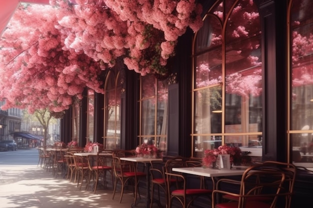 Um restaurante com muitas flores penduradas no teto