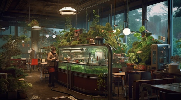 Um restaurante com parede verde e plantas nas paredes
