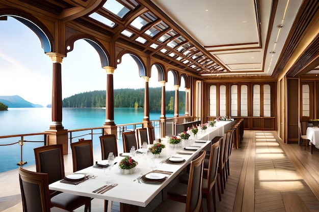 Um restaurante com uma grande mesa e cadeiras com vista para o lago.