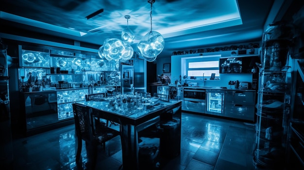 Um restaurante com uma luz azul que diz 'a cozinha é azul'