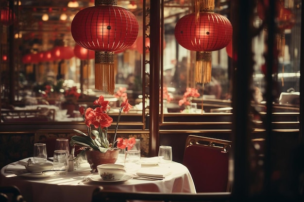 um restaurante com uma mesa com um pano de mesa e lanternas vermelhas