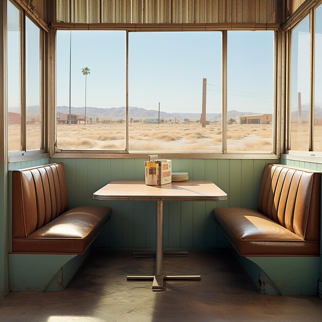 Foto um restaurante com uma mesa e cadeiras e uma lâmpada na mesa