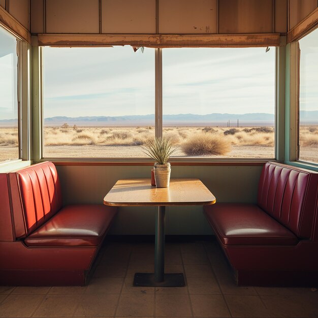 Foto um restaurante com uma mesa e cadeiras e uma lâmpada na mesa