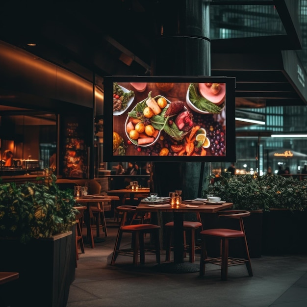 Um restaurante com uma tela grande exibindo uma variedade de imagens generativas de alimentos