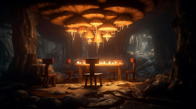 Um restaurante de cogumelos em uma caverna com um grande lustre pendurado no teto.