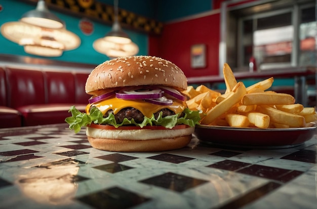 Foto um restaurante de estilo vintage com um hambúrguer e batatas fritas.