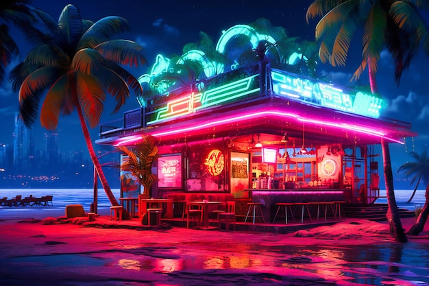 Um restaurante neon em uma praia à noite