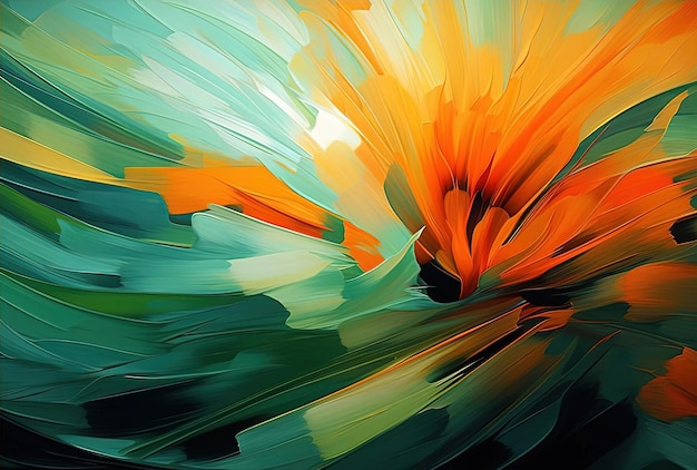 Um resumo de explosão floral laranja e verde no estilo de Bryce 3D