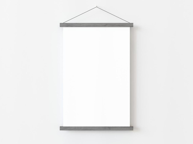 Um retângulo vertical rola um mockup de cartaz com bo de madeira cinza