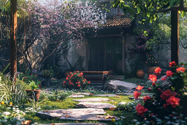 Um retiro de jardim tranquilo com flores em flor