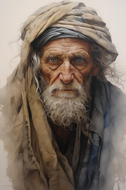 Um retrato a aquarela de um ancião líder tribal dos touareg