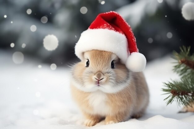 Um retrato adorável de um coelho de Natal adorável usando um chapéu de Papai Noel