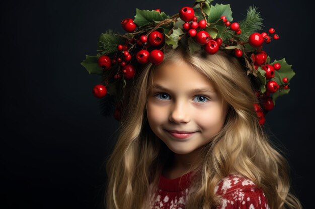 Um retrato alegre de Natal de uma jovem adornada com uma tradicional coroa de coroas