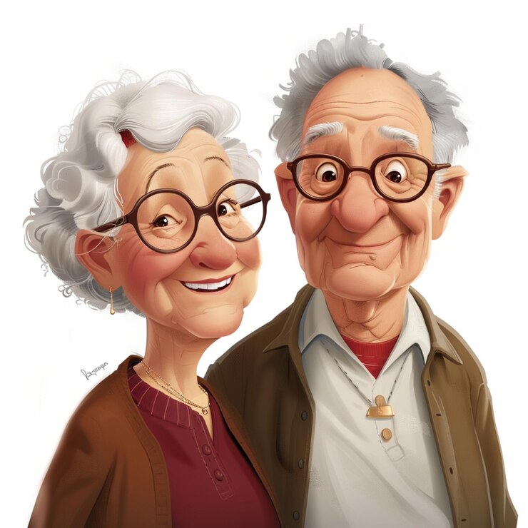 Foto um retrato ao estilo pixar de um avô e uma avó felizes