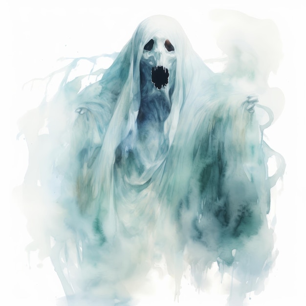 Foto um retrato aquarelado de um fantasma assustador de halloween em uma tela branca misteriosamente pura