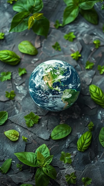 Um retrato artístico do globo terrestre situado entre folhas de manjericão frescas espalhadas em uma superfície de textura escura