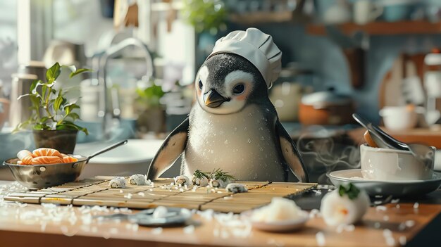 Foto um retrato caprichoso de um pinguim vestindo um chapéu de cozinheiro e avental ocupado preparando sushi em um m de bambu