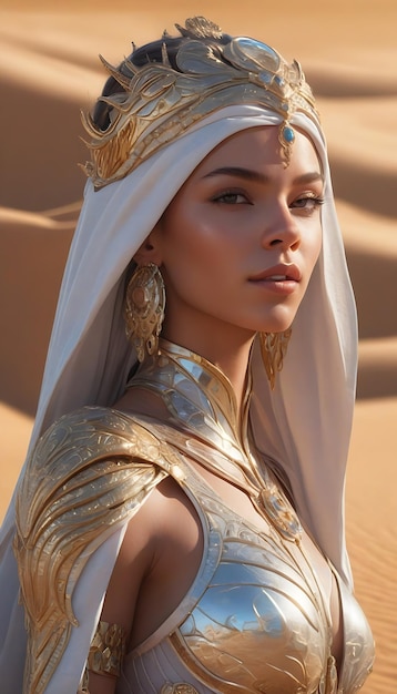 Um retrato cativante da bela princesa do deserto nas areias douradas irradiando elegância e serenidade