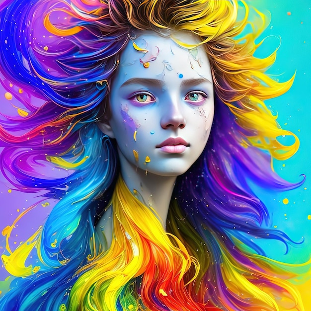 Um retrato colorido de uma menina com um cabelo de arco-íris no rosto.