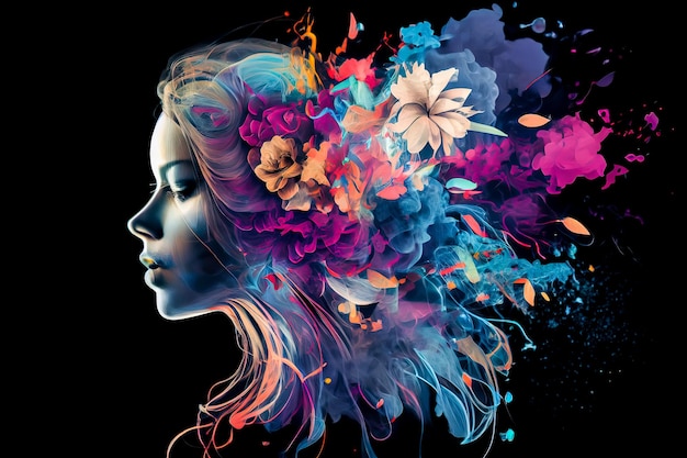 Um retrato colorido de uma mulher com flores na cabeça
