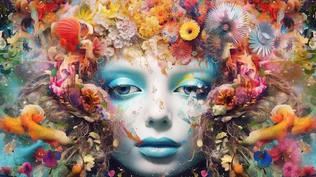 Um retrato colorido de uma mulher com flores no rosto.