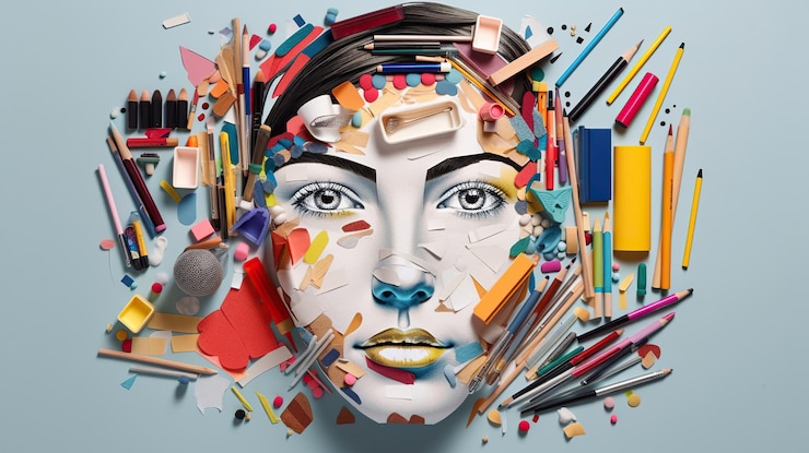 Foto um retrato colorido de uma mulher com rosto feito de plástico e muitos objetos de cores diferentes.