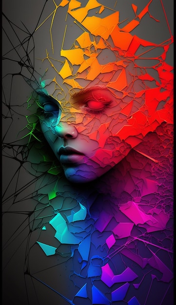 Um retrato colorido de uma mulher com um rosto colorido do arco-íris.