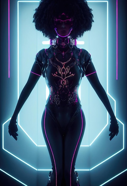 Um retrato cyberpunk de uma mulher atraente com roupas incomuns do futuro