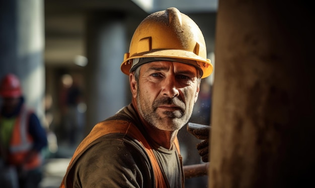 Um retrato de baixo ângulo lateral de um trabalhador com capacete olhando para a câmera