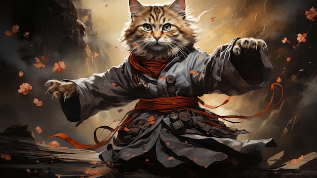 um retrato de corpo inteiro de um gato vestindo uniformes de samurai